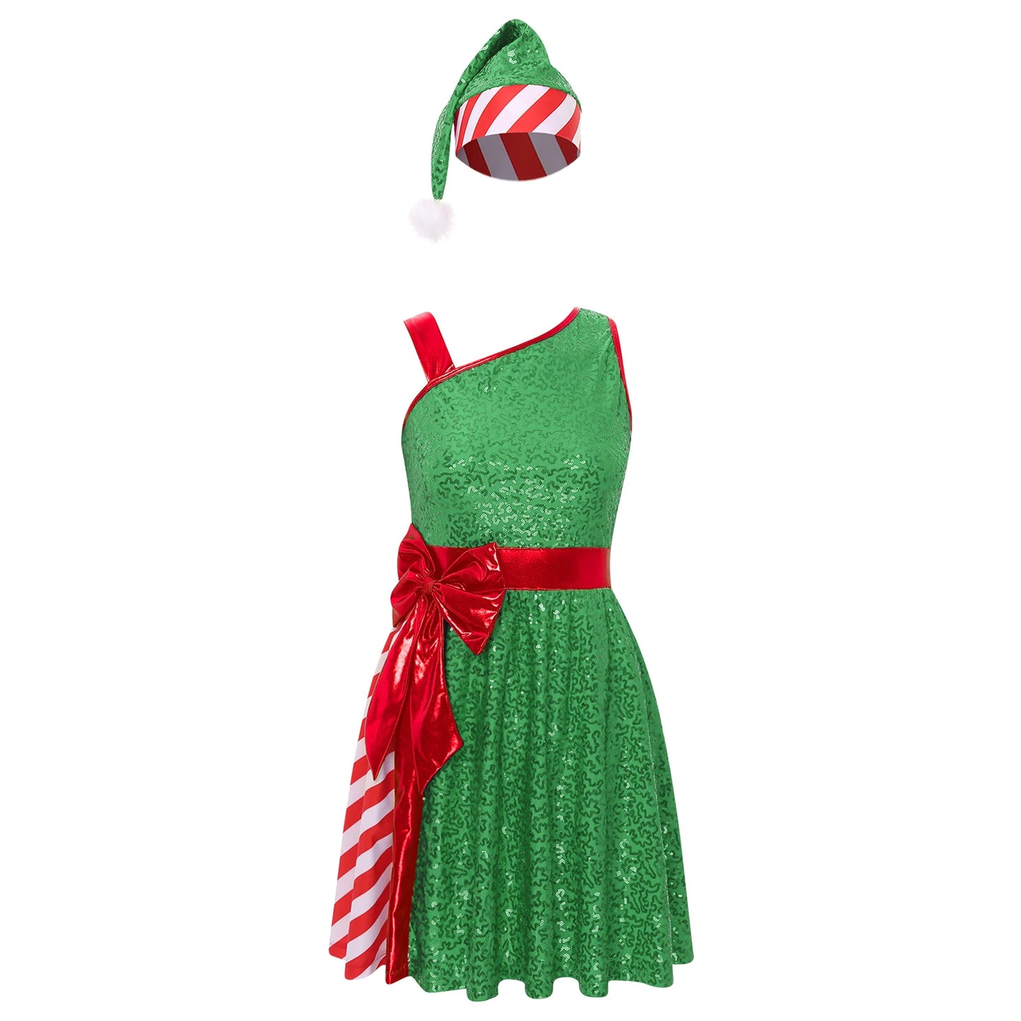 Sleeveless Sequin Stripes Bow Dress with Santa Hat