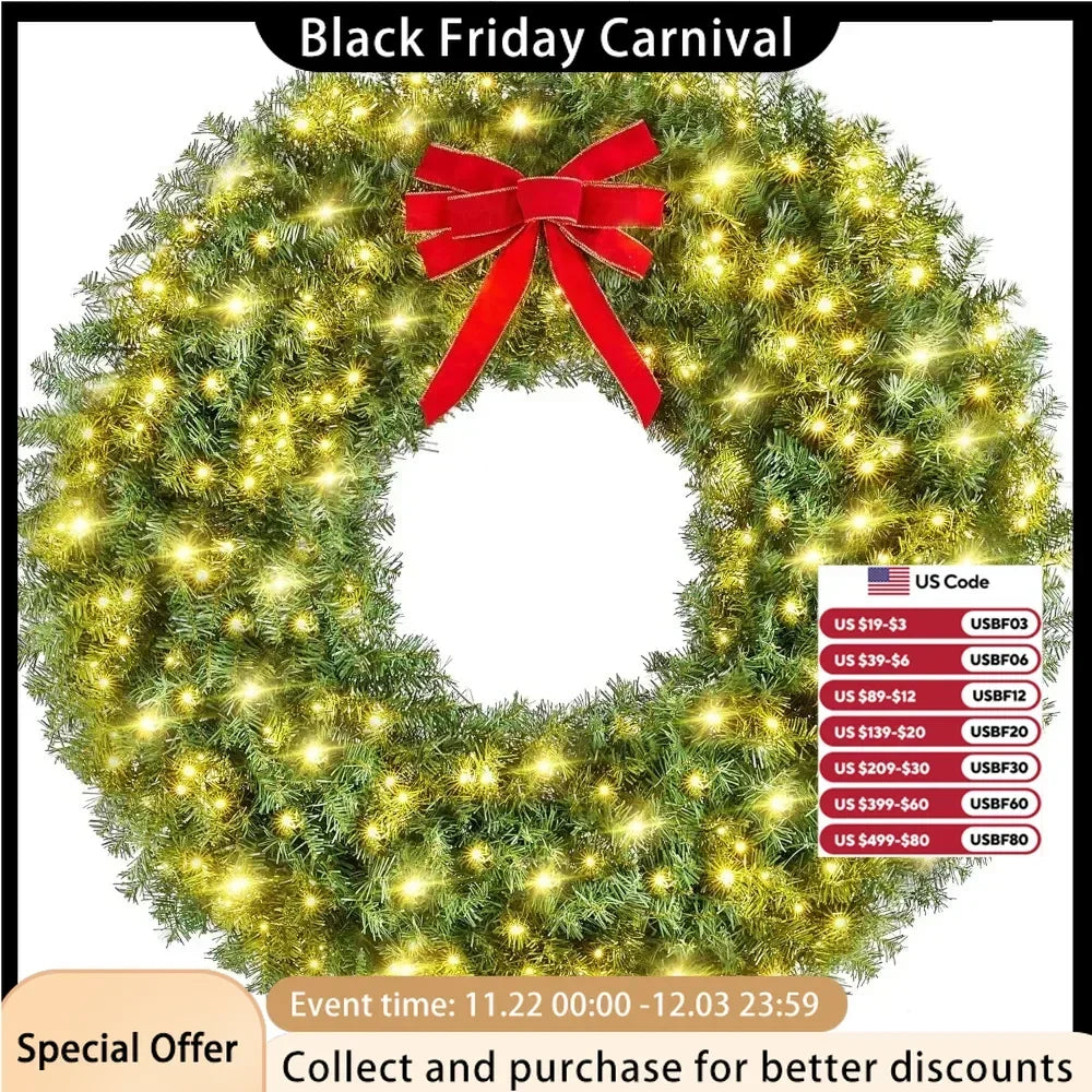 Artificial Christmas Wreath with 300 LED Lights (30, 48 or 60 Inches)