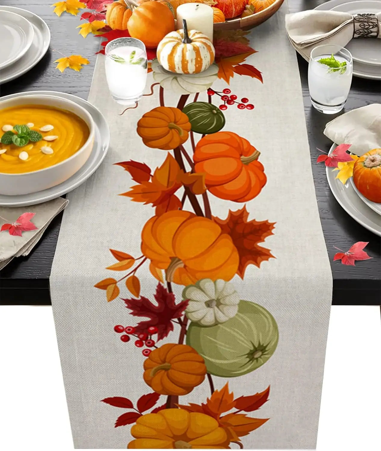 Autumn Maple Leaves Pumpkin Linen Table Runner