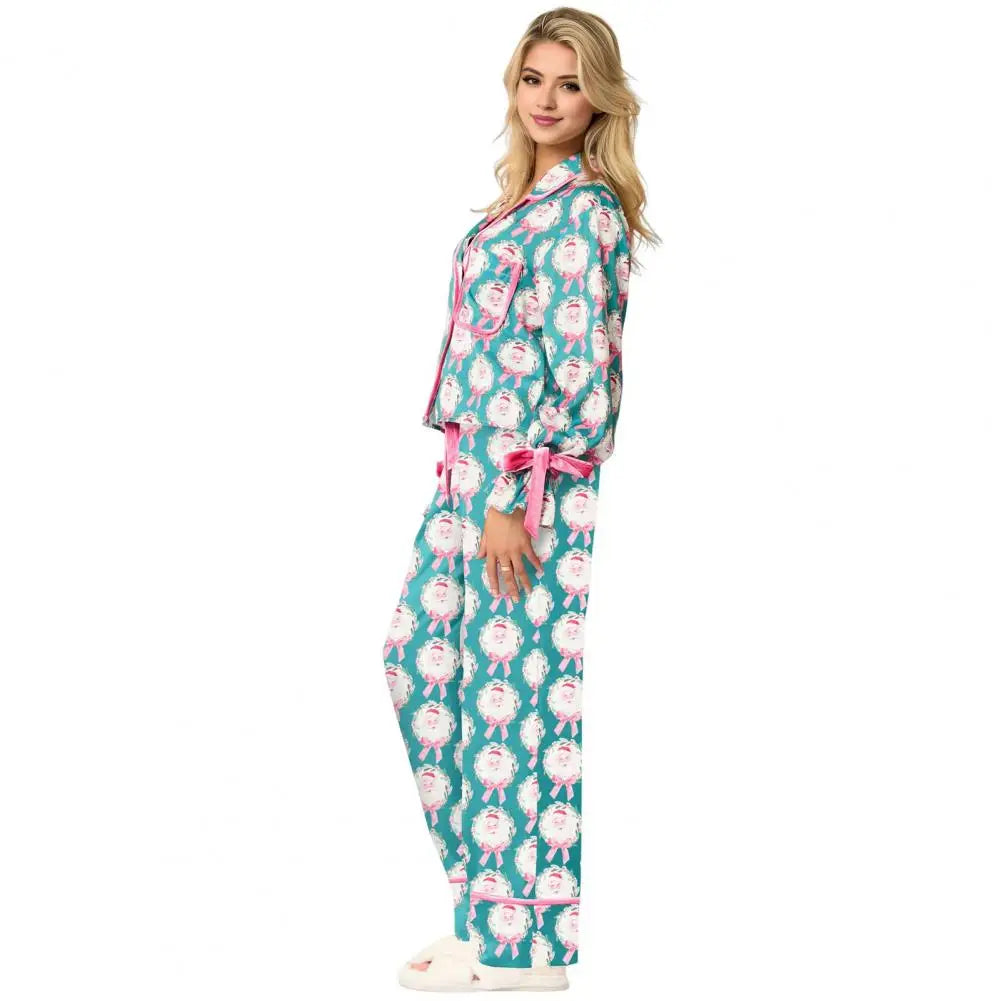 Festive Christmas Print Pajamas Set with Satin Cardigan Top Wide Leg Pants