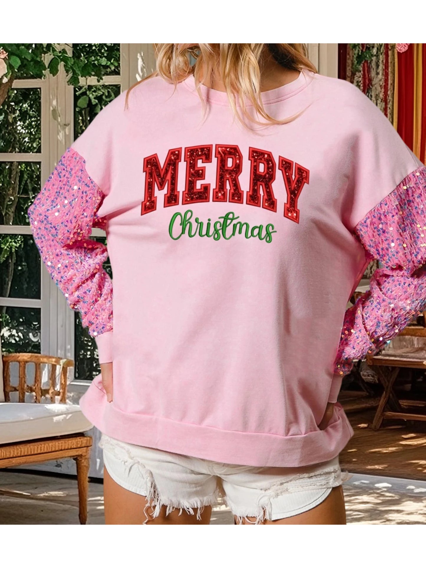 Sequins and Embroidery Pullover Sweatshirt