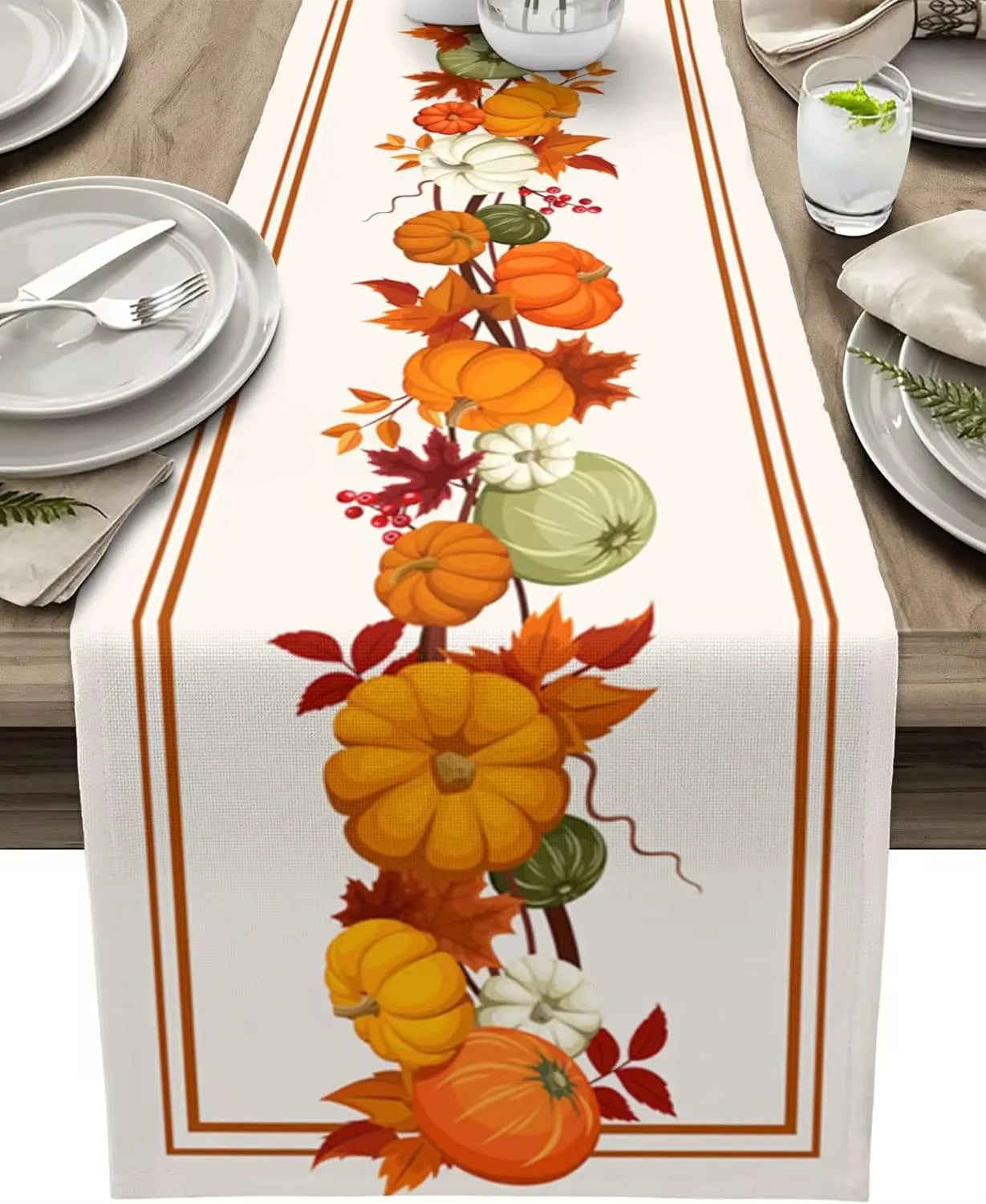 Autumn Maple Leaves Pumpkin Linen Table Runner