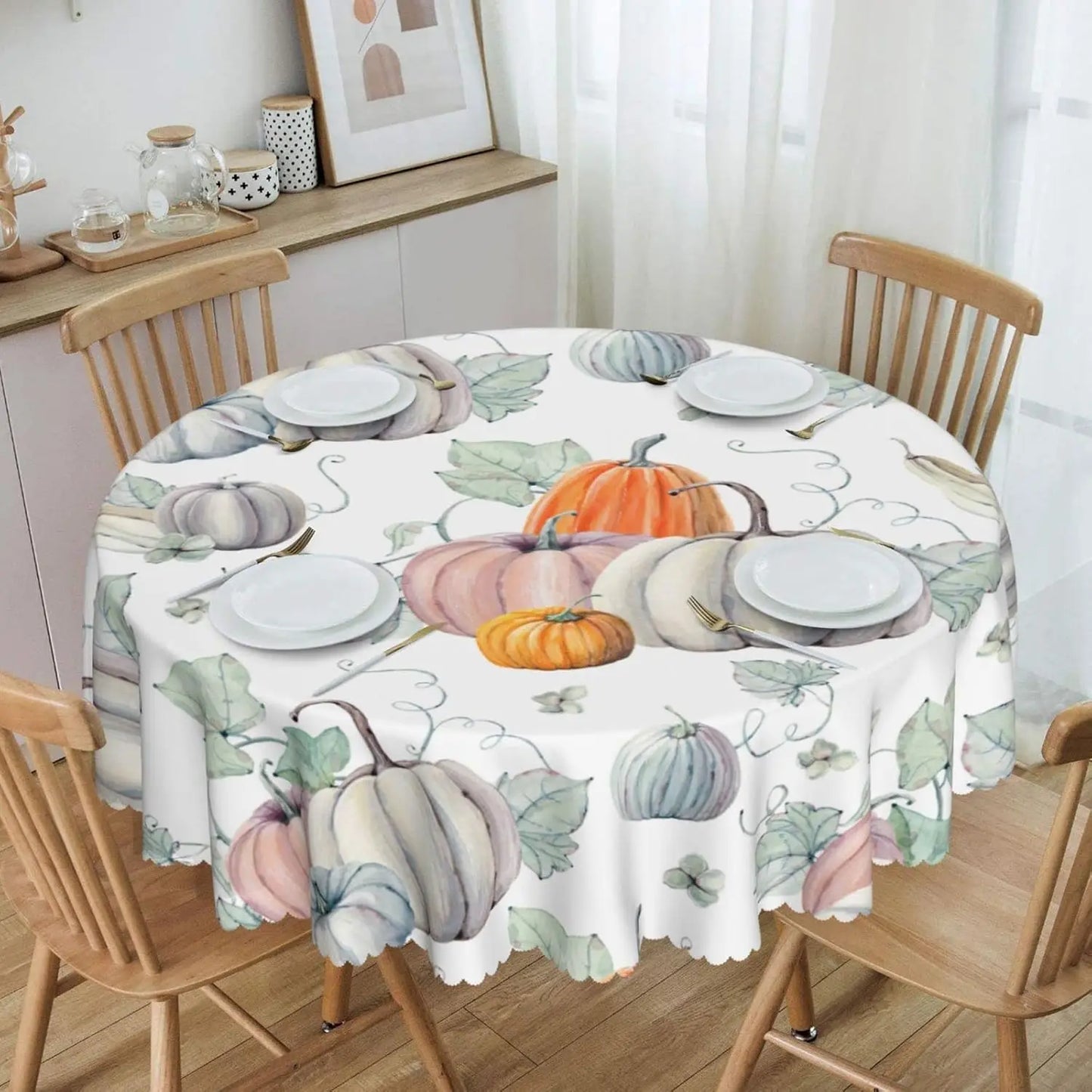Fall Autumn Pumpkin and Leaf Harvest Round Tablecloth