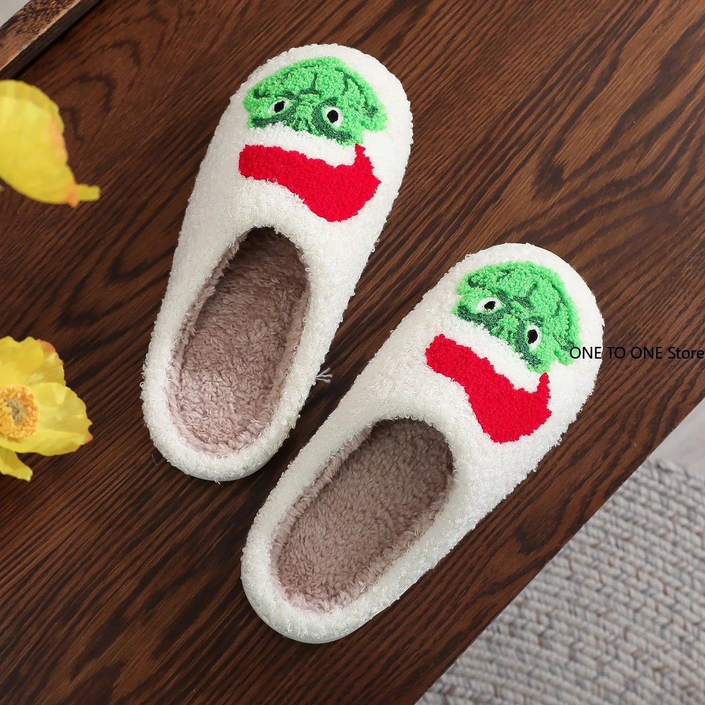 Christmas Grinch Cotton Slippers Men Women Home Woolen Slippers Comfortable Plush Lined Slip on Shoes Women's Warm Winter Shoes