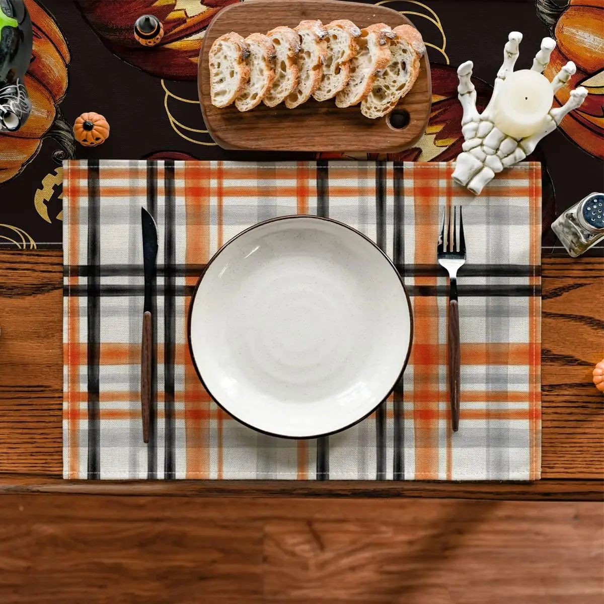 Orange Black Buffalo Plaid Fall Placemats Set of 4 12x18 Inch Halloween Seasonal