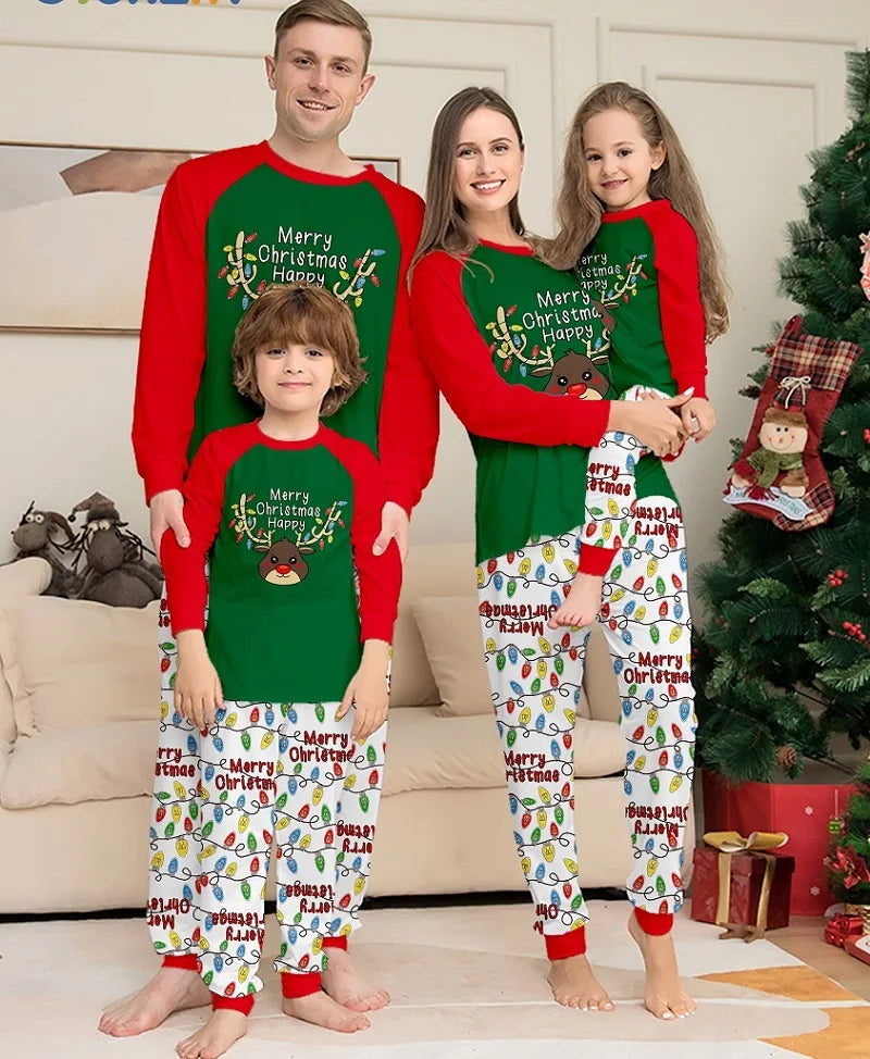 "Merry Christmas" Deer & Lights Matching Family Pajama Sets