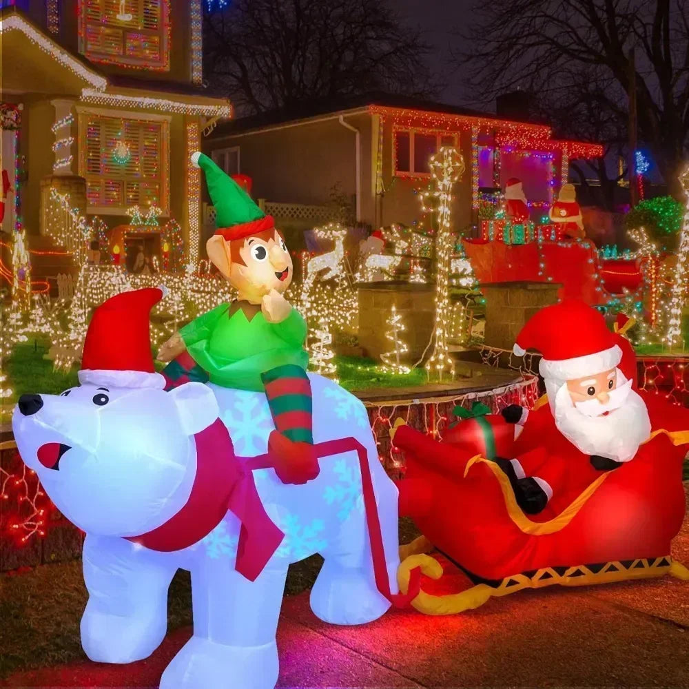 9.5-Foot Inflatable Polar Bear with Elf Pulling Santa’s Sleigh