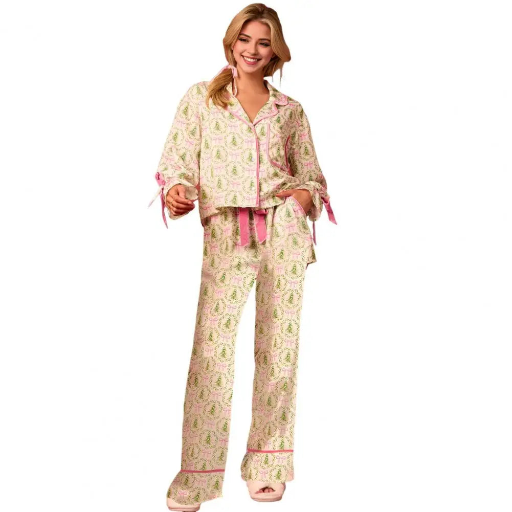 Festive Christmas Print Pajamas Set with Satin Cardigan Top Wide Leg Pants