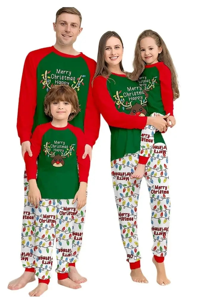 "Merry Christmas" Deer & Lights Matching Family Pajama Sets