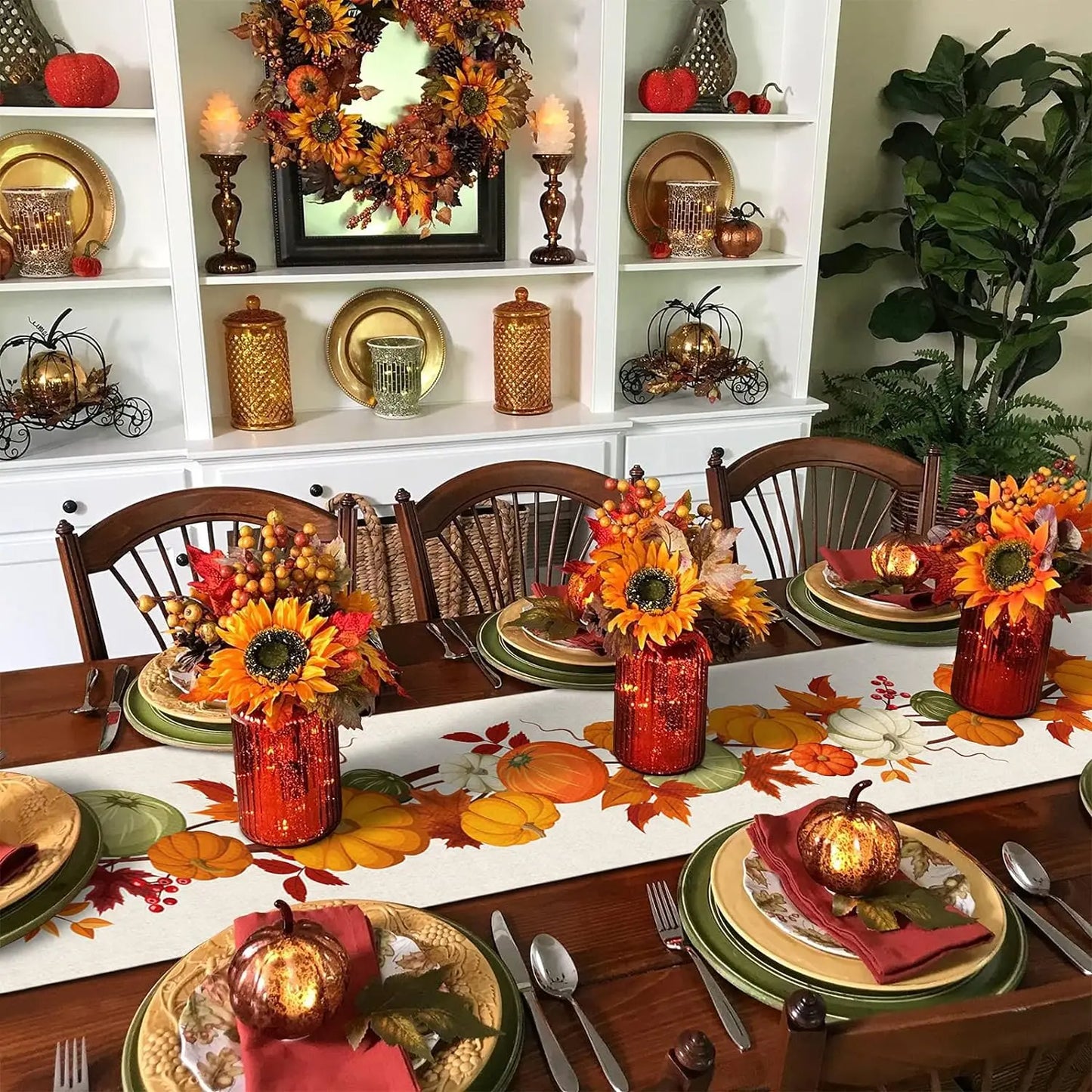Autumn Maple Leaves Pumpkin Linen Table Runner