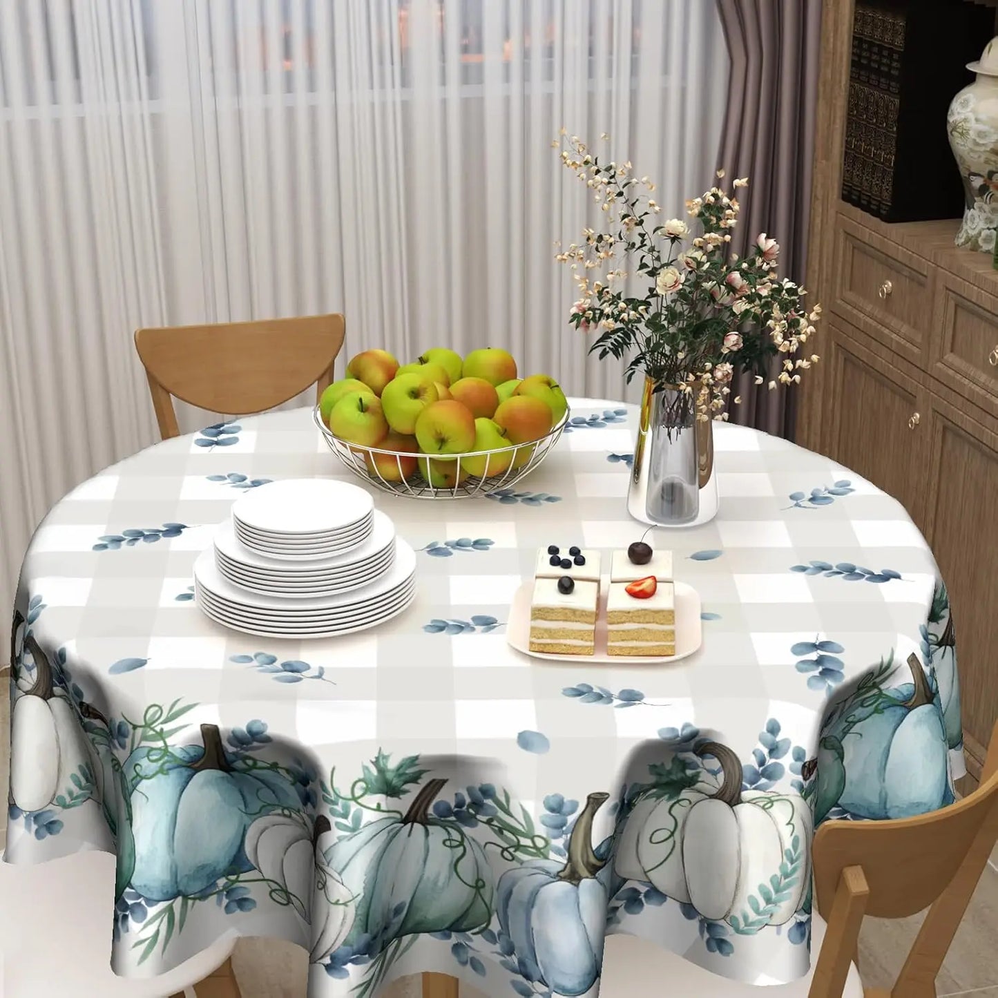 Autumn Blue Pumpkin Round Tablecloth