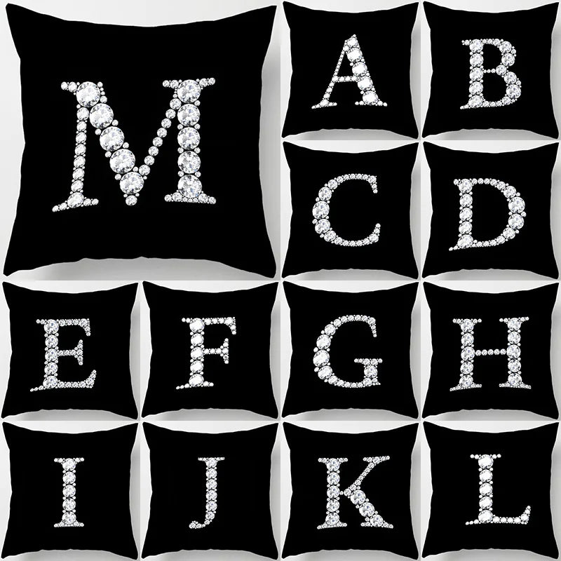 Crystal Diamond Printed Alphabet 18x18 Polyester Cushion Pillow Cover