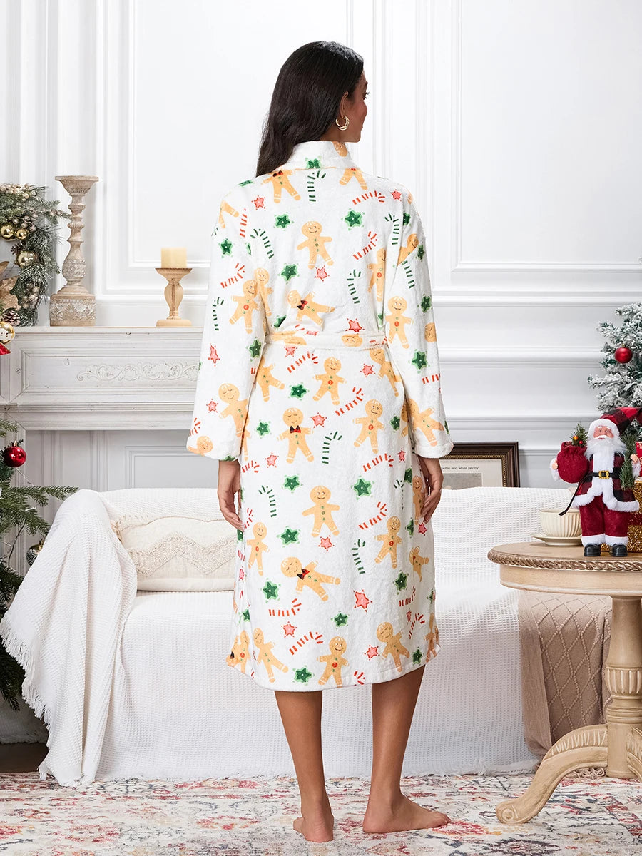 Women s Fleece Christmas V Neck Long Sleeve Kimono Robe with Belt Pockets Warm Pajamas