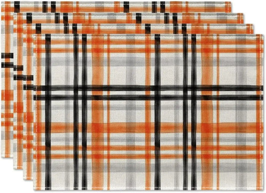 Orange Black Buffalo Plaid Fall Placemats Set of 4 12x18 Inch Halloween Seasonal