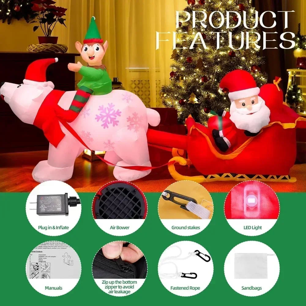 9.5-Foot Inflatable Polar Bear with Elf Pulling Santa’s Sleigh