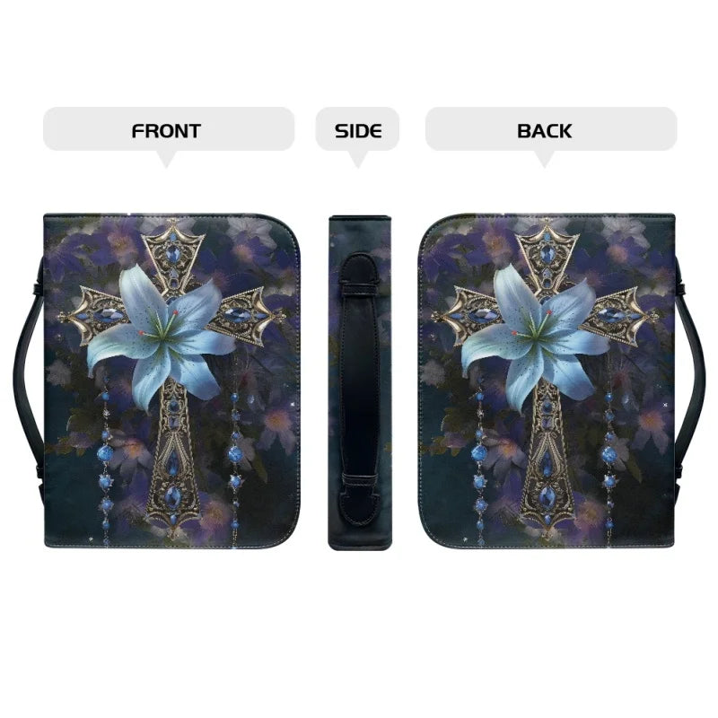 Blue Flower Cross Bible Cover Case for Women