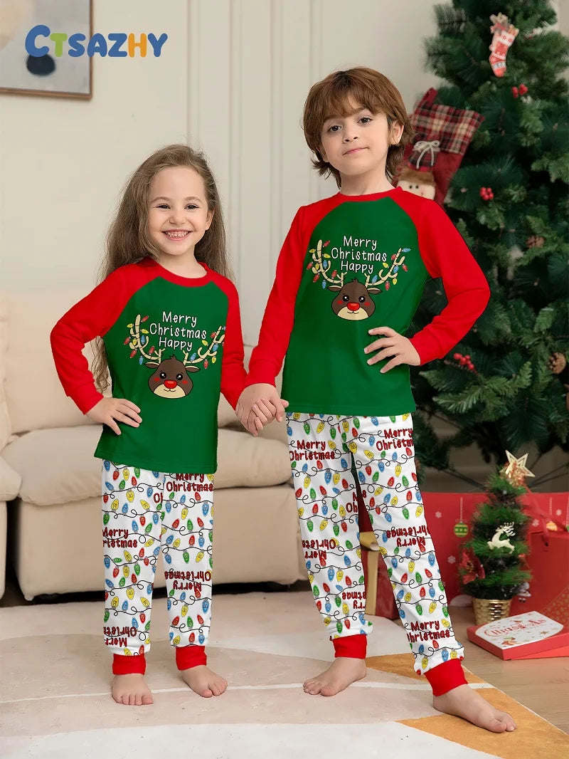 "Merry Christmas" Deer & Lights Matching Family Pajama Sets