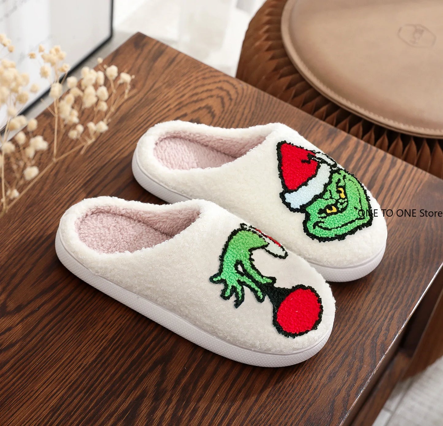 Christmas Grinch Cotton Slippers Men Women Home Woolen Slippers Comfortable Plush Lined Slip on Shoes Women's Warm Winter Shoes