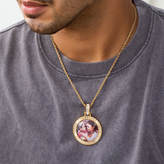Custom Baguette Stones Round Shape Photo Pendant with CZ Stones