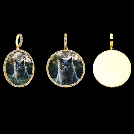 Custom Circle Photo Pendant in Gold with CZ Stones