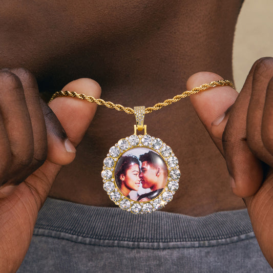 Custom Large Round Stone Photo Pendant with CZ Stones