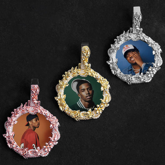 Custom Photo Pendant with Peace Dove & Floral Design with CZ Stones