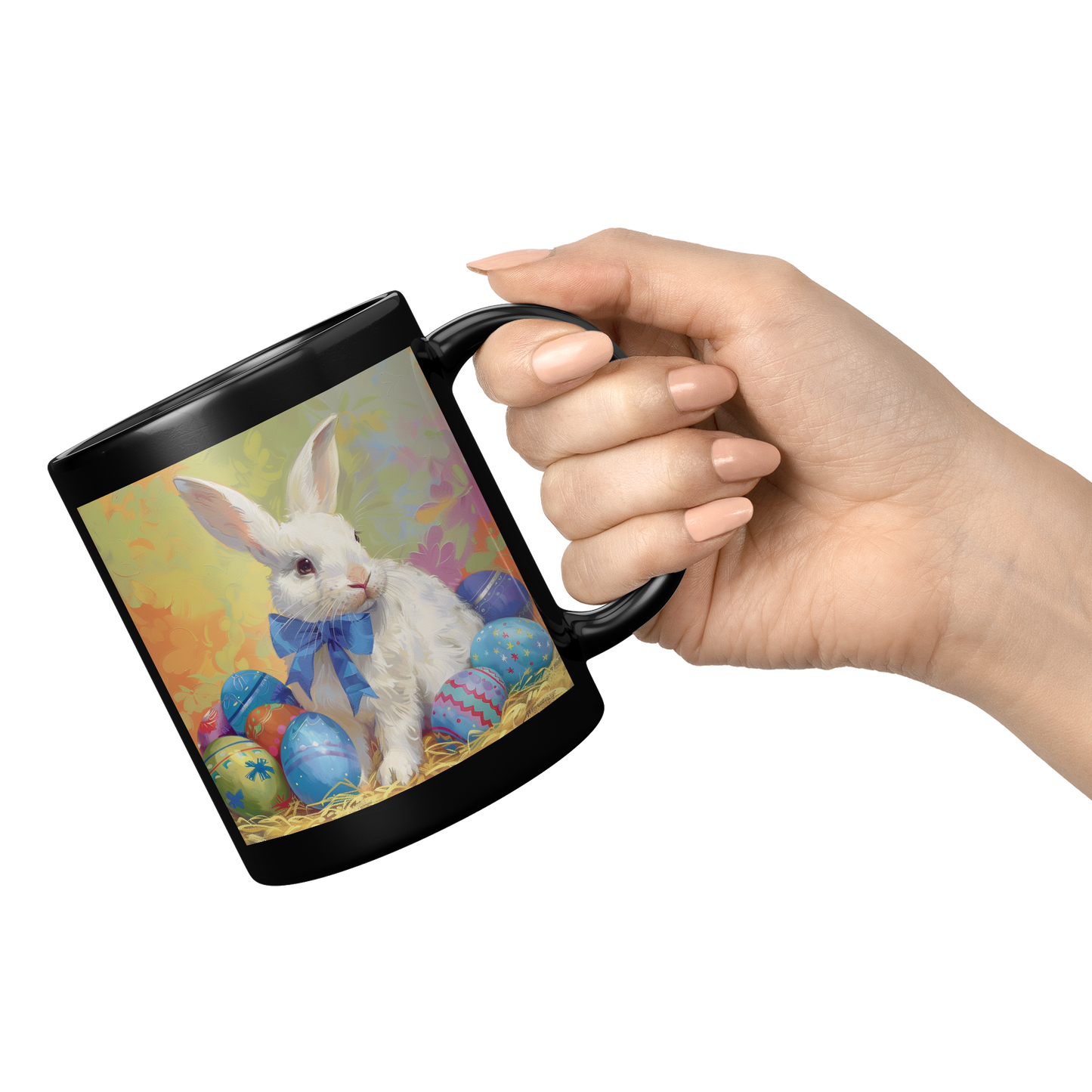 Blue_Bow_White_Bunny_MugBlack_11oz_Black_RH_Model_Mockup.png