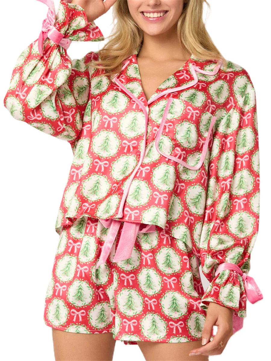 Bow Tie Long Sleeve Shirt Shorts Satin Silk Funny Graphic 2 Piece Pjs Set