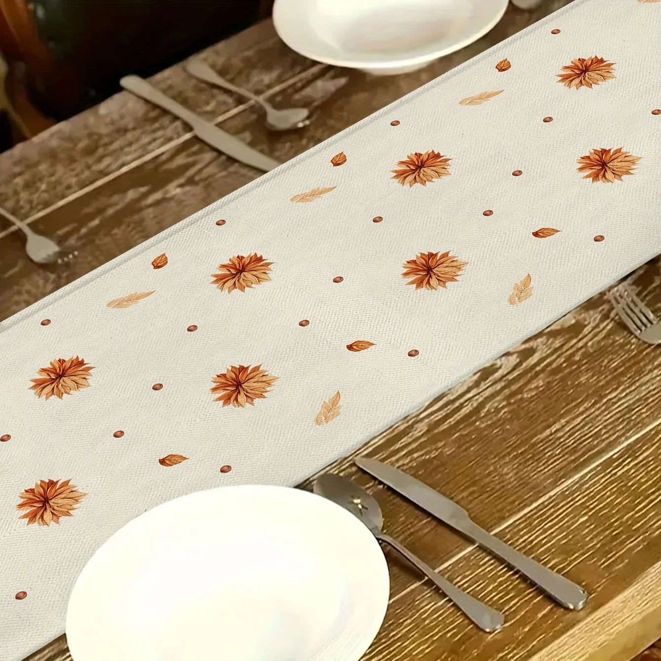 Off-White Table Runner with Pumpkins and Autumn Flowers