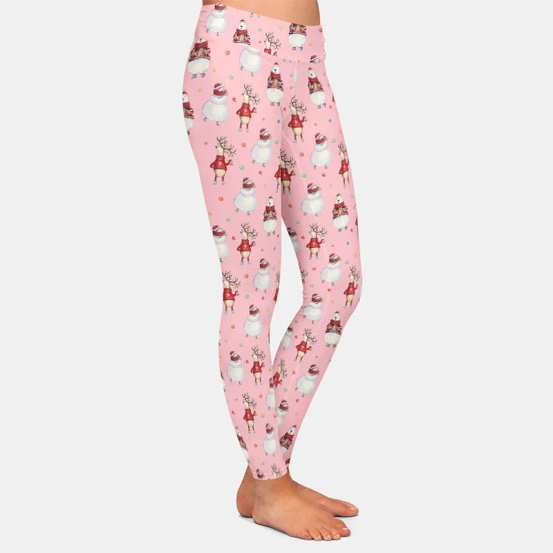 Snowman And The Christmas Deer  High Waist Leggings