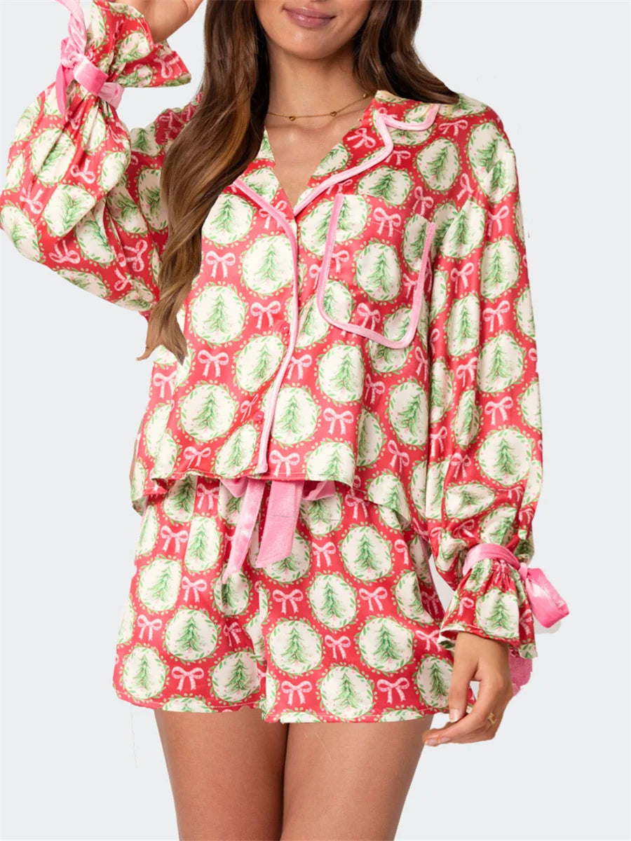 Bow Tie Long Sleeve Shirt Shorts Satin Silk Funny Graphic 2 Piece Pjs Set