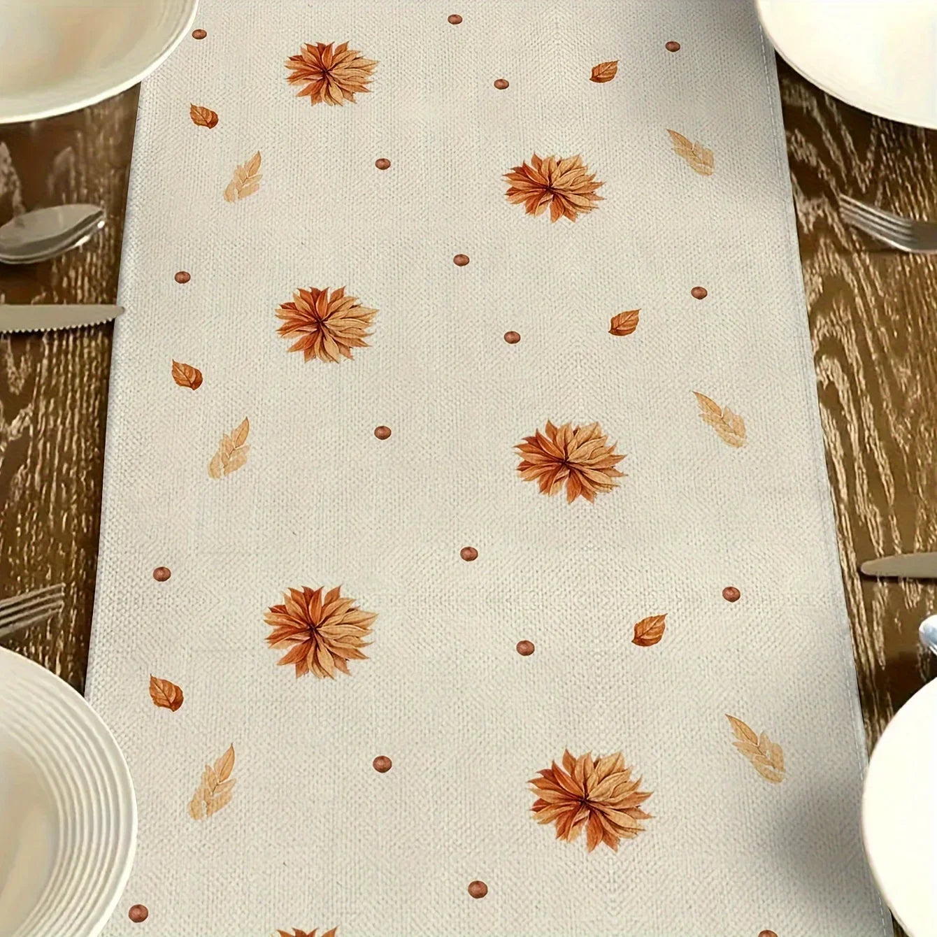 Off-White Table Runner with Pumpkins and Autumn Flowers