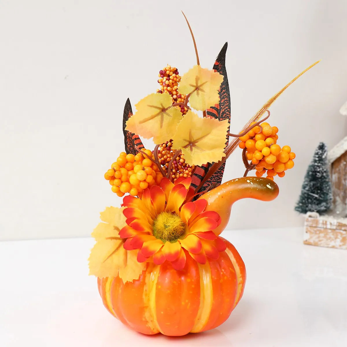 Pumpkins With Artificial Flowers For Thanksgiving