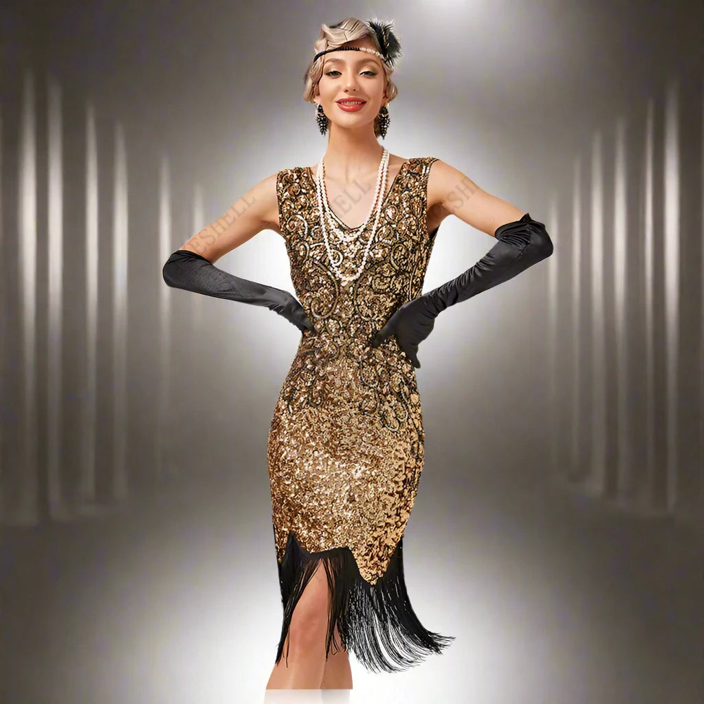 1920s Long Fringed Sequin Beads Flapper Costume