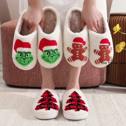 Christmas Grinch Cotton Slippers Men Women Home Woolen Slippers Comfortable Plush Lined Slip on Shoes Women's Warm Winter Shoes
