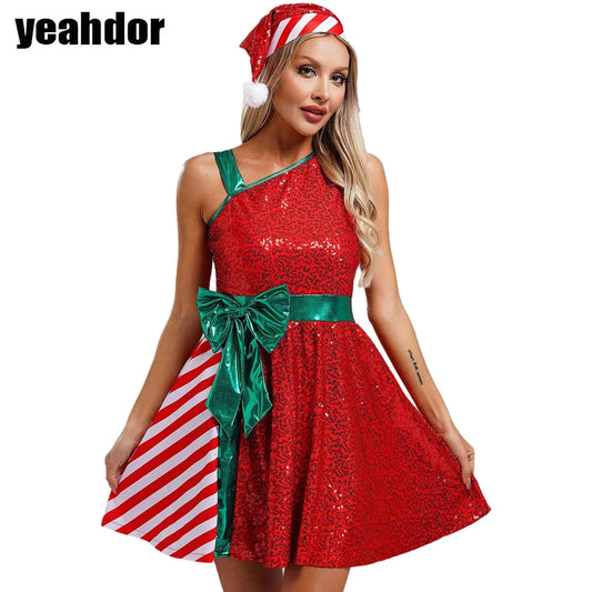 Sleeveless Sequin Stripes Bow Dress with Santa Hat