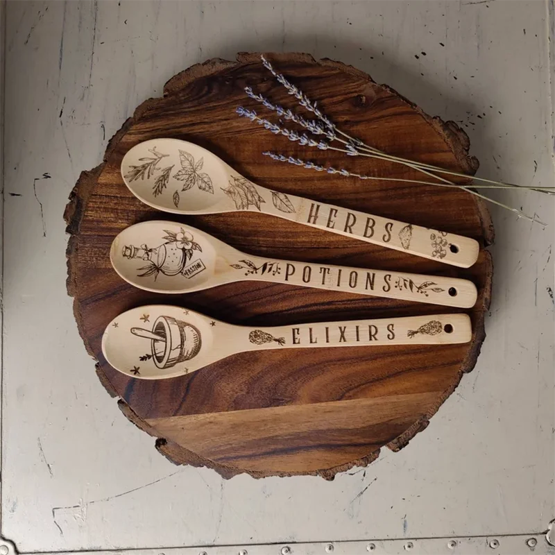 Set of 3 Kitchen Witch Decorative Spoon Wood Burning Halloween Kitchen Favor for Family Halloween Decor Home 2024 Supplies Party