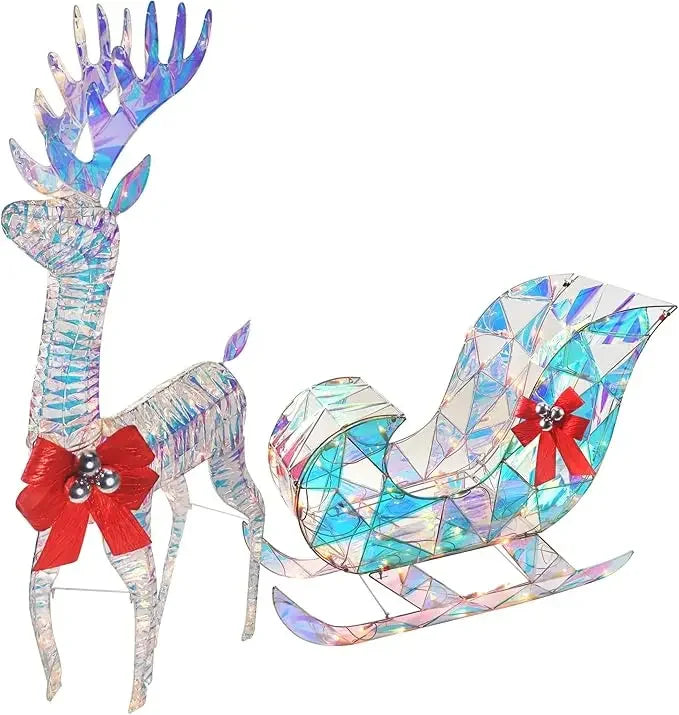 Iridescent Christmas Reindeer and Santa Sleigh Set