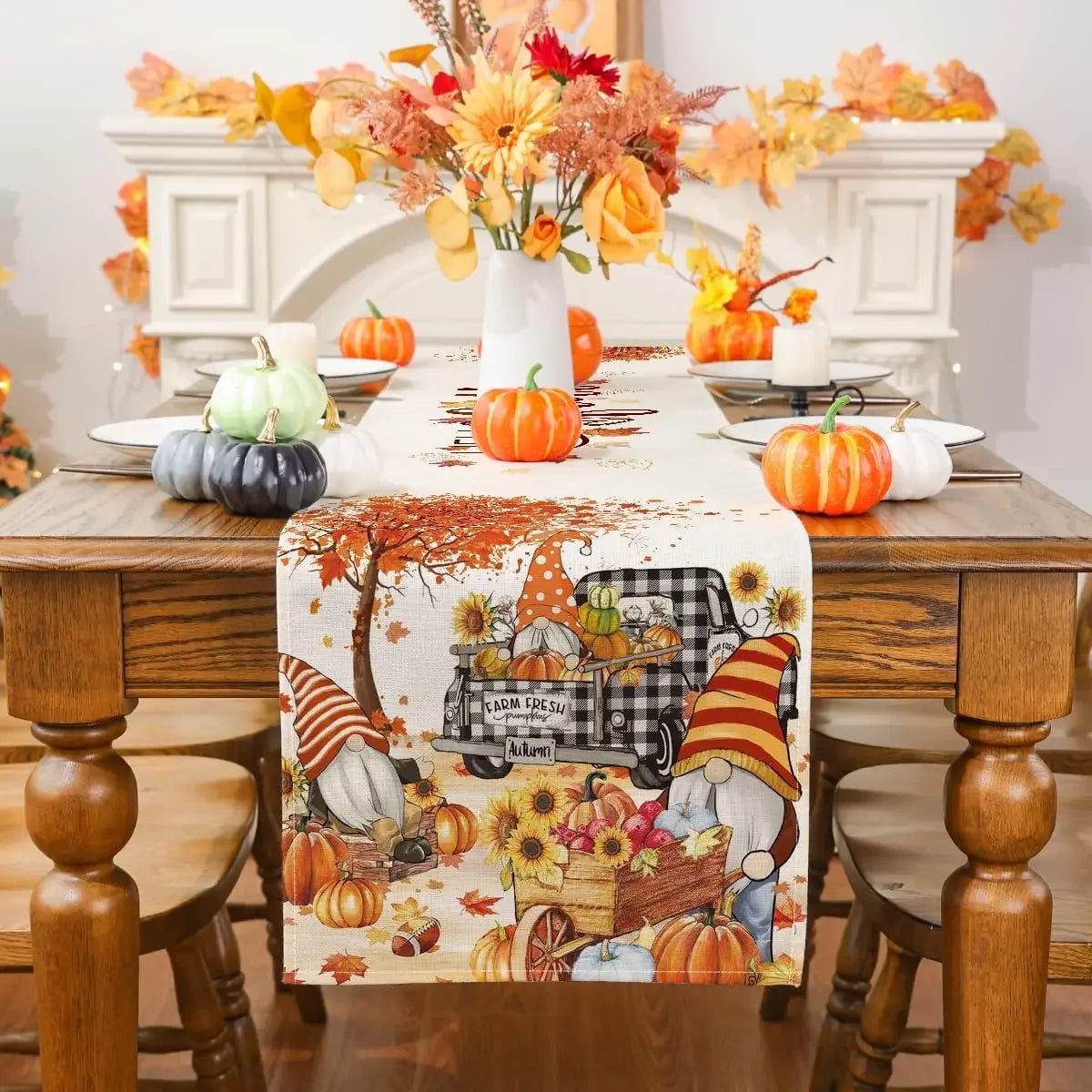 Thanksgiving Truck Gnome Leaves Linen Table Runners