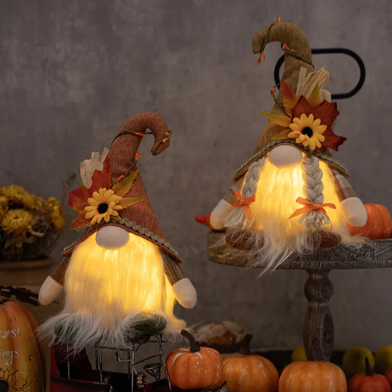 Glowing Faceless Gnomes with Handmade Maple Leaf Sunflower Dwarf Doll