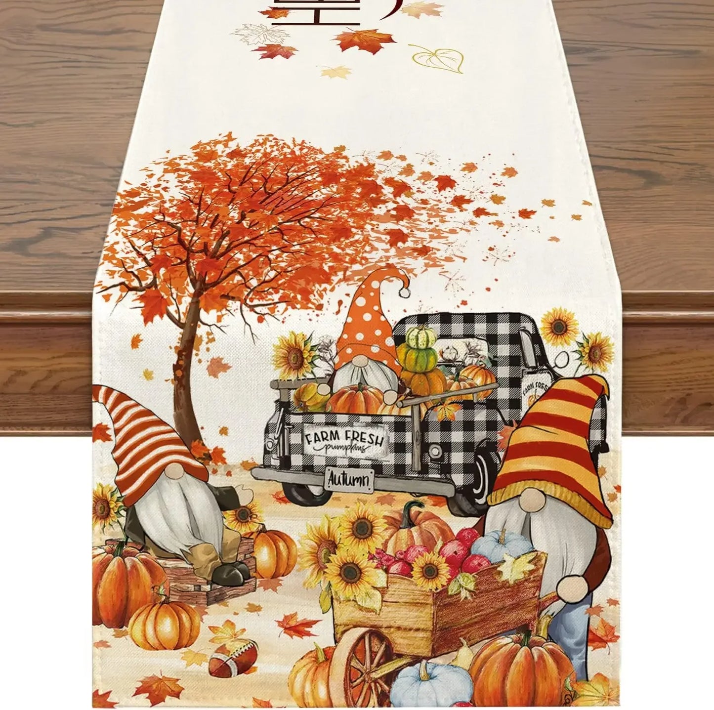 Thanksgiving Truck Gnome Leaves Linen Table Runners