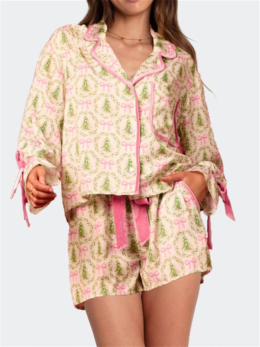 Bow Tie Long Sleeve Shirt Shorts Satin Silk Funny Graphic 2 Piece Pjs Set