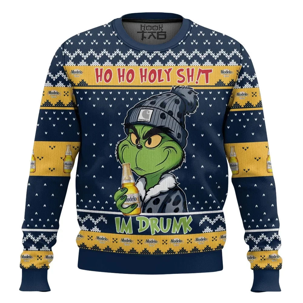 Grinch "Ho Ho Holy Sh!t" Ugly Christmas Sweater with Beer bottles