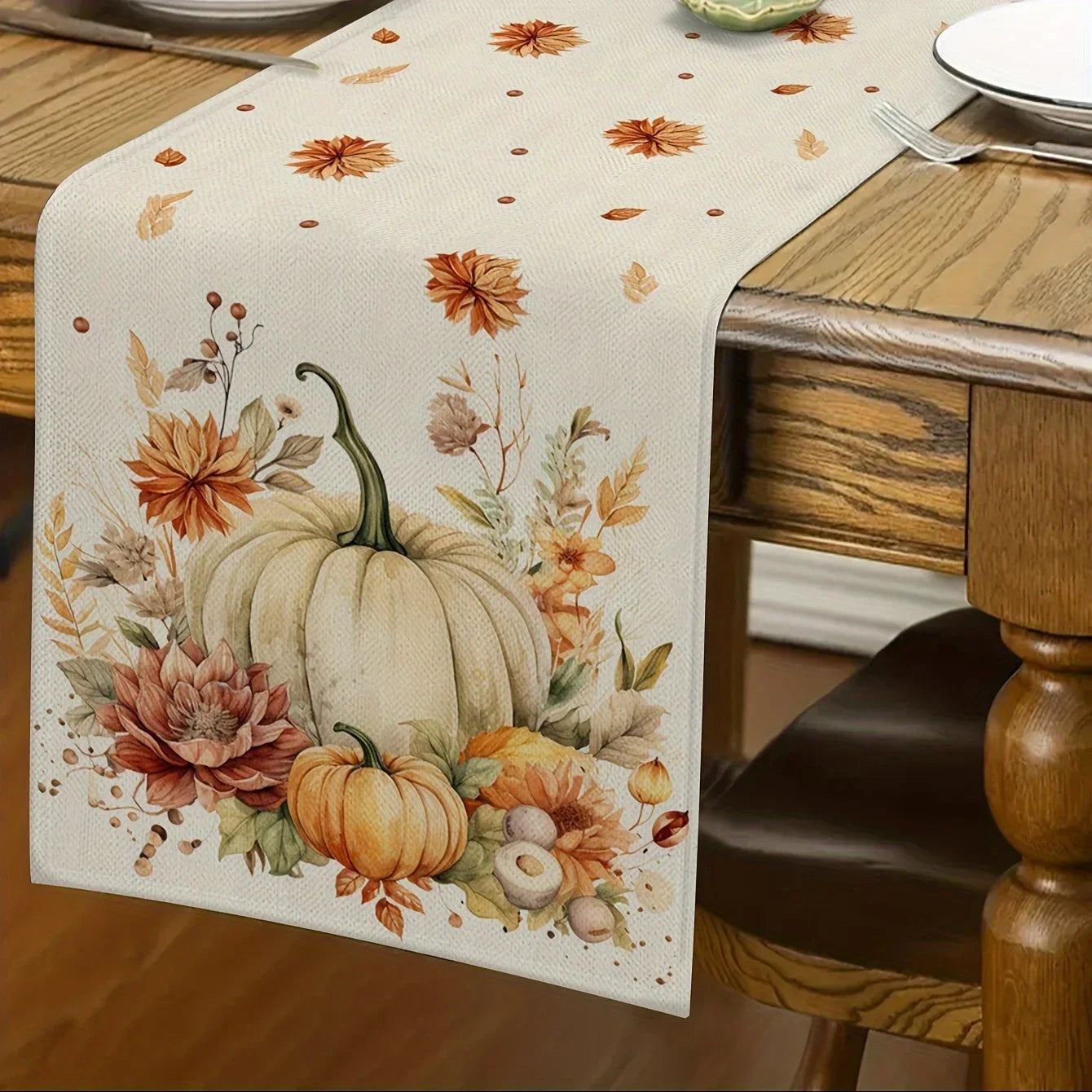 Off-White Table Runner with Pumpkins and Autumn Flowers