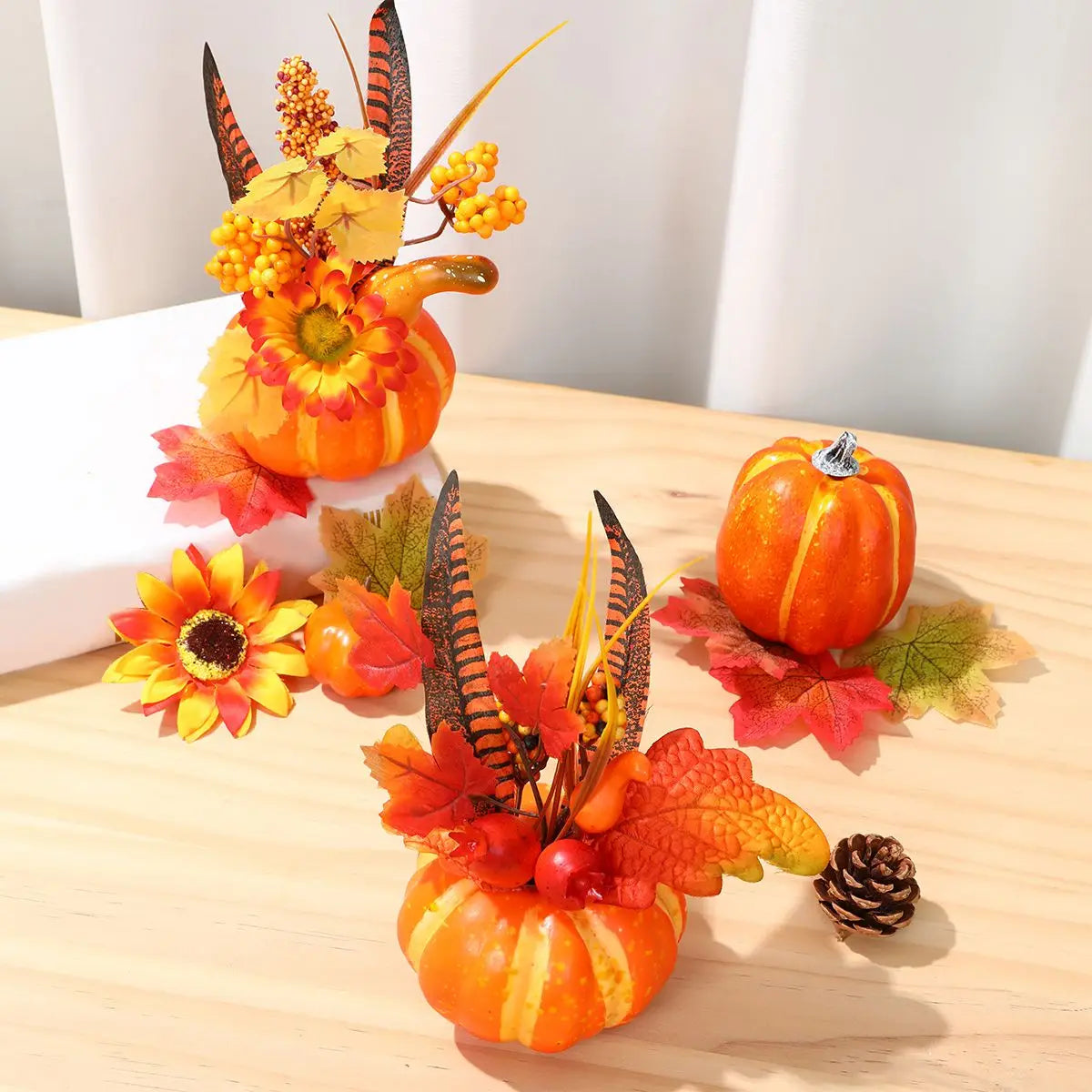 Pumpkins With Artificial Flowers For Thanksgiving
