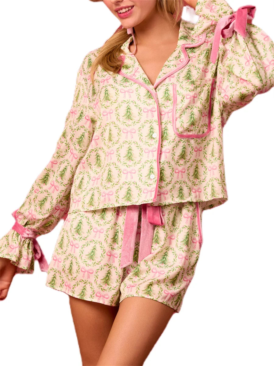 Bow Tie Long Sleeve Shirt Shorts Satin Silk Funny Graphic 2 Piece Pjs Set