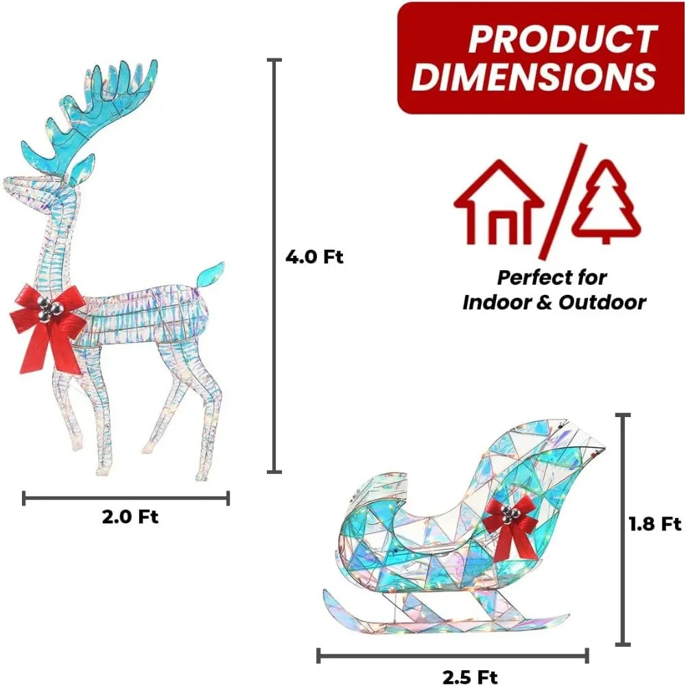 Iridescent Christmas Reindeer and Santa Sleigh Set