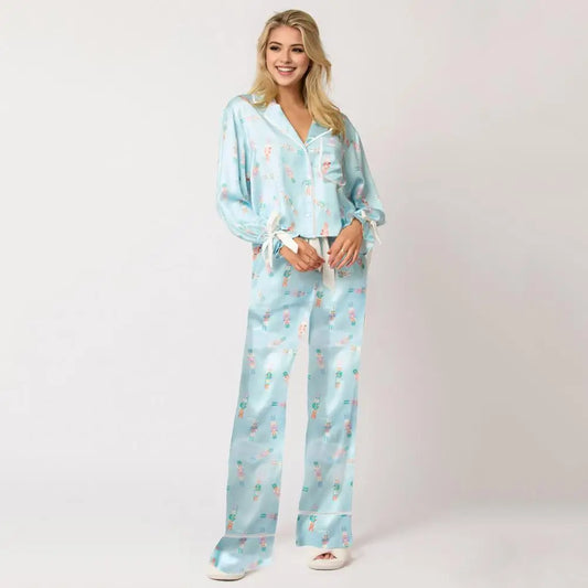 Festive Christmas Print Pajamas Set with Satin Cardigan Top Wide Leg Pants