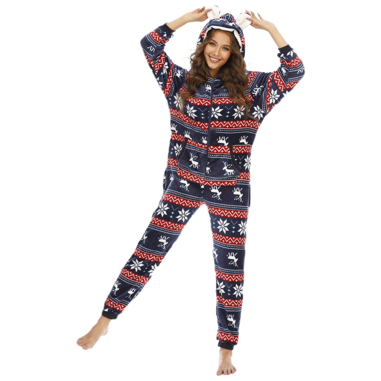 Warm Hooded Onesies Flannel Zipper Pajamas