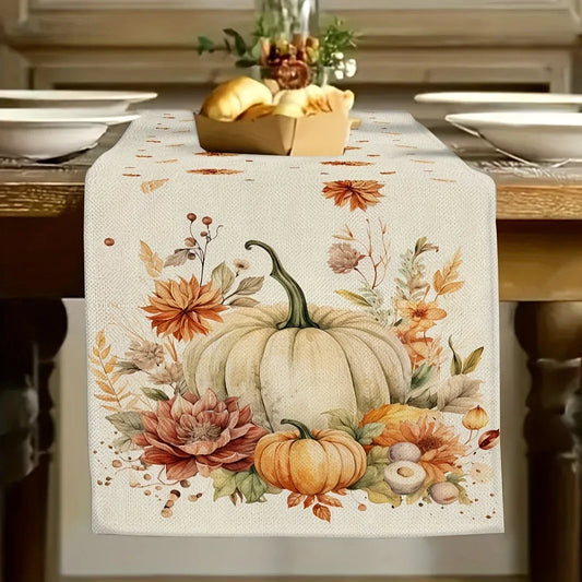 Off-White Table Runner with Pumpkins and Autumn Flowers